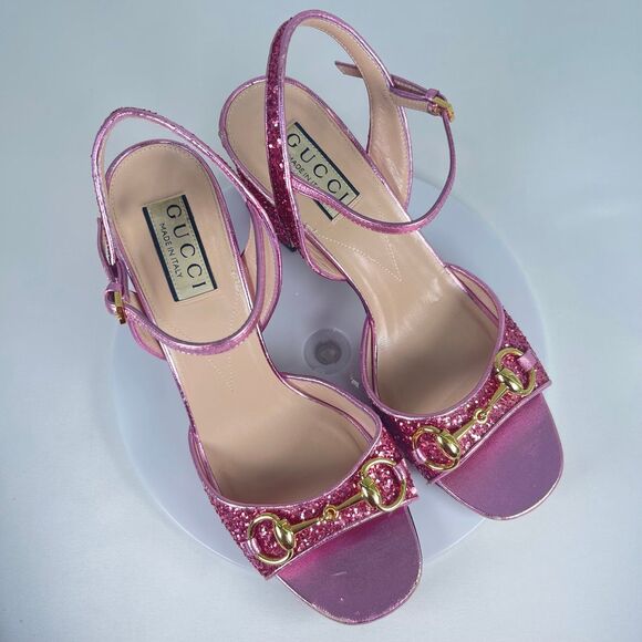 Gucci Horsebit Glittered Sandals - Pink | Women's 37.5 or US 7 - Picture 9 of 12